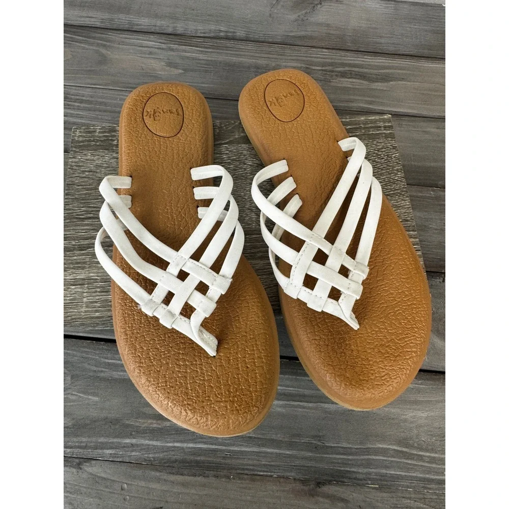Sanuk Yoga Sling White Strappy Sandals Women Size‎ 6 1103940 Tan Footbed Beacy